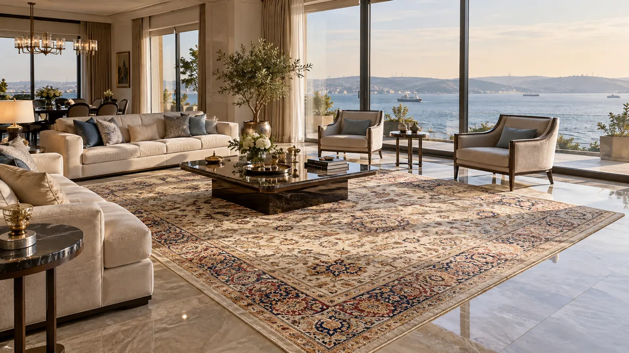 Villa ve site halı yıkama – villa salonunda büyük halı Villa ve site halı yıkama – villa salonunda büyük halı